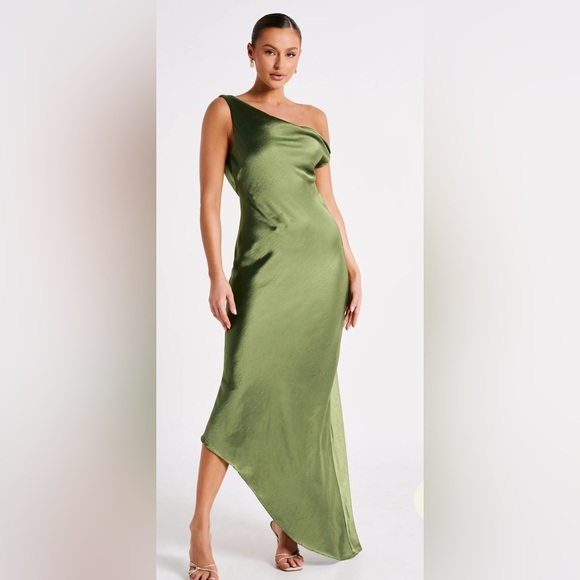 Meshki Yvette Slip Maxi Dress With Asymmetrical Hem - Emerald - Picture 1 of 4